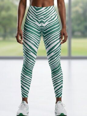 NWT | Zubaz Green & White Zebra Print Leggings | High-Waist Performance | Small